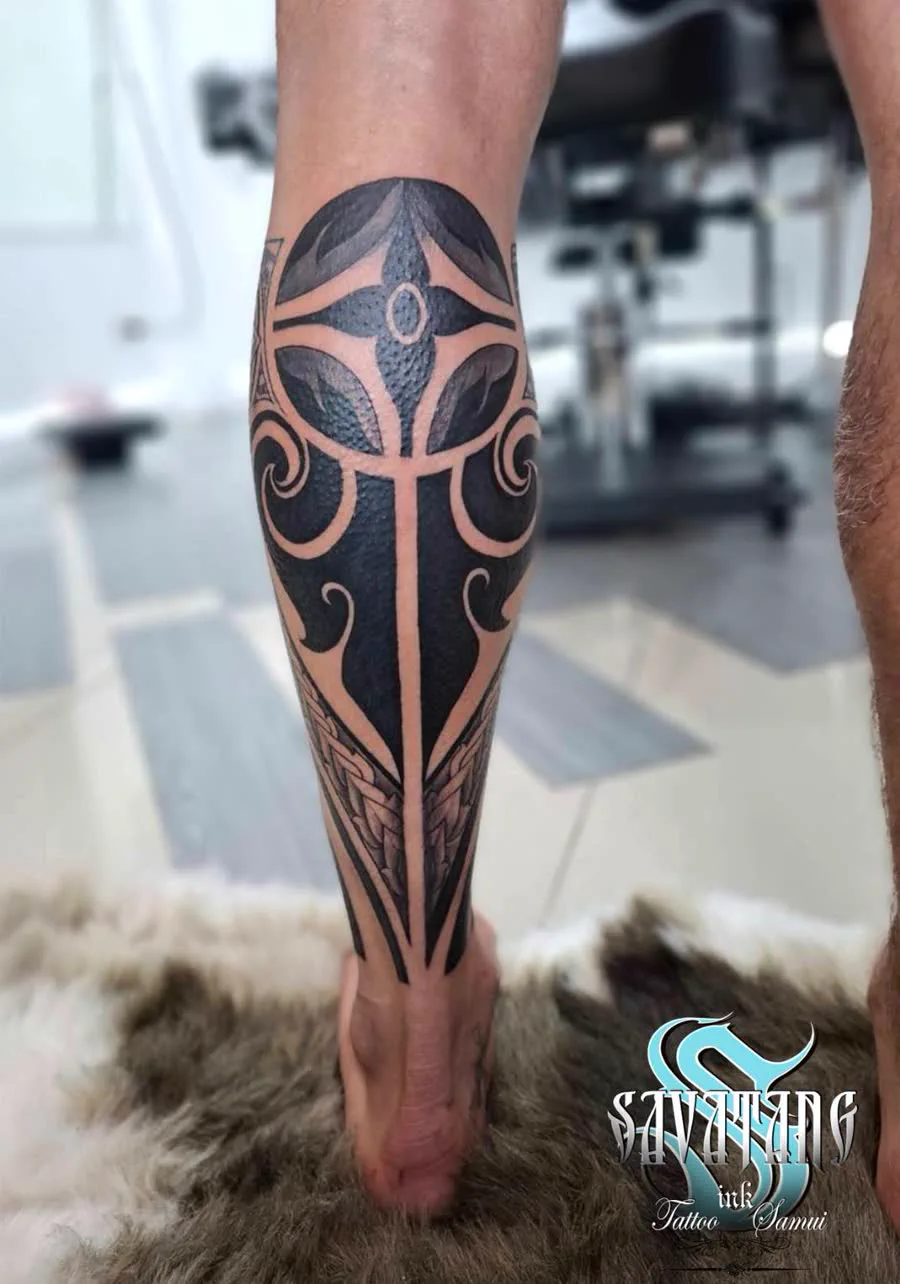 Polynesian calf tattoo, black and grey, Koh Samui