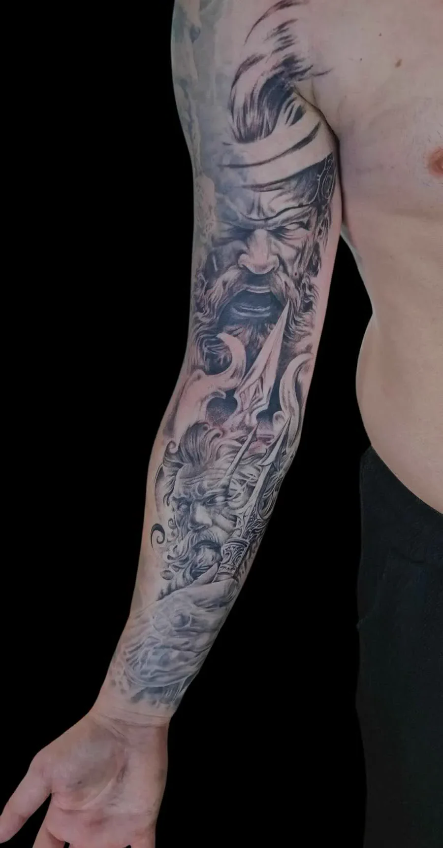 Warrior and foo dog full sleeve tattoo, black and grey, Koh Samui