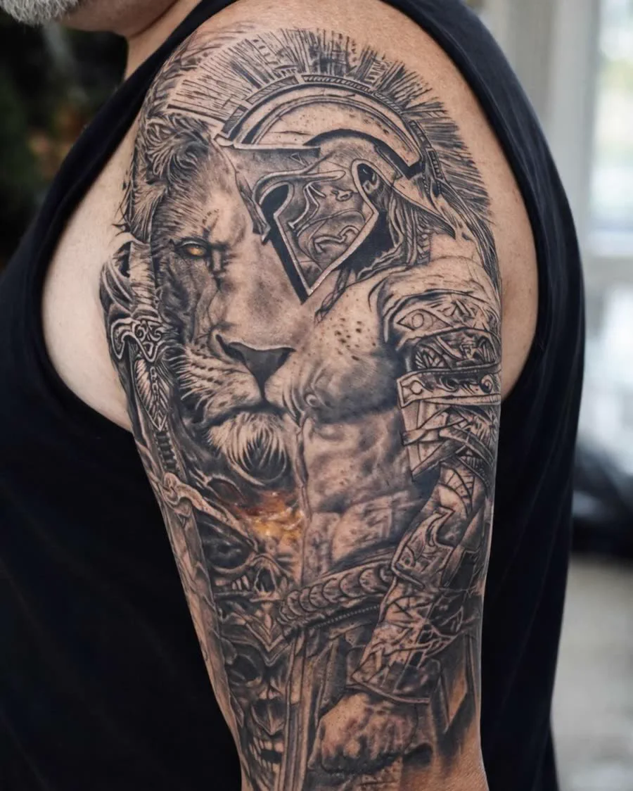 Lion and spartan warrior shoulder tattoo, black and grey realism
