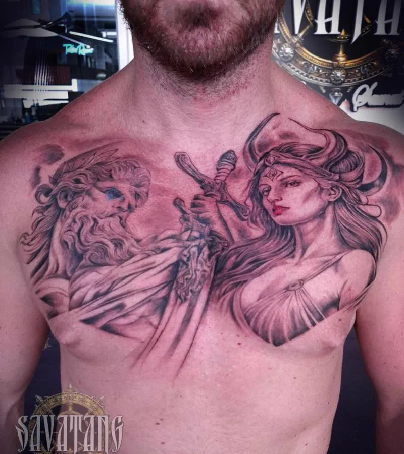 Art nouveau chest piece, black and grey realism